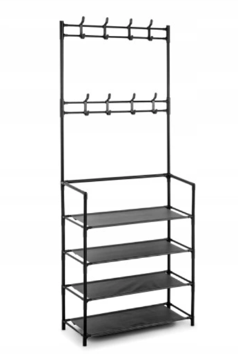 Metal Clothes and Shoe Rack, Black, Loft Design with Shelves and Hooks