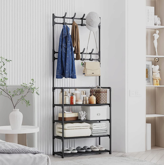 Metal Clothes and Shoe Rack, Black, Loft Design with Shelves and Hooks