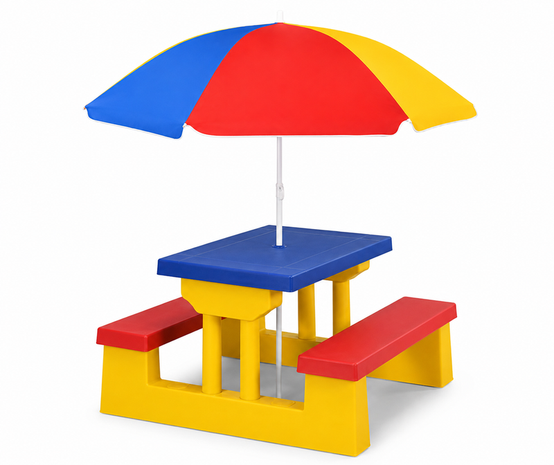 Stolik dla Dzieci Ogrodowy z Parasolem Zestaw Piknikowy Krzesło Parasol Kolorowy